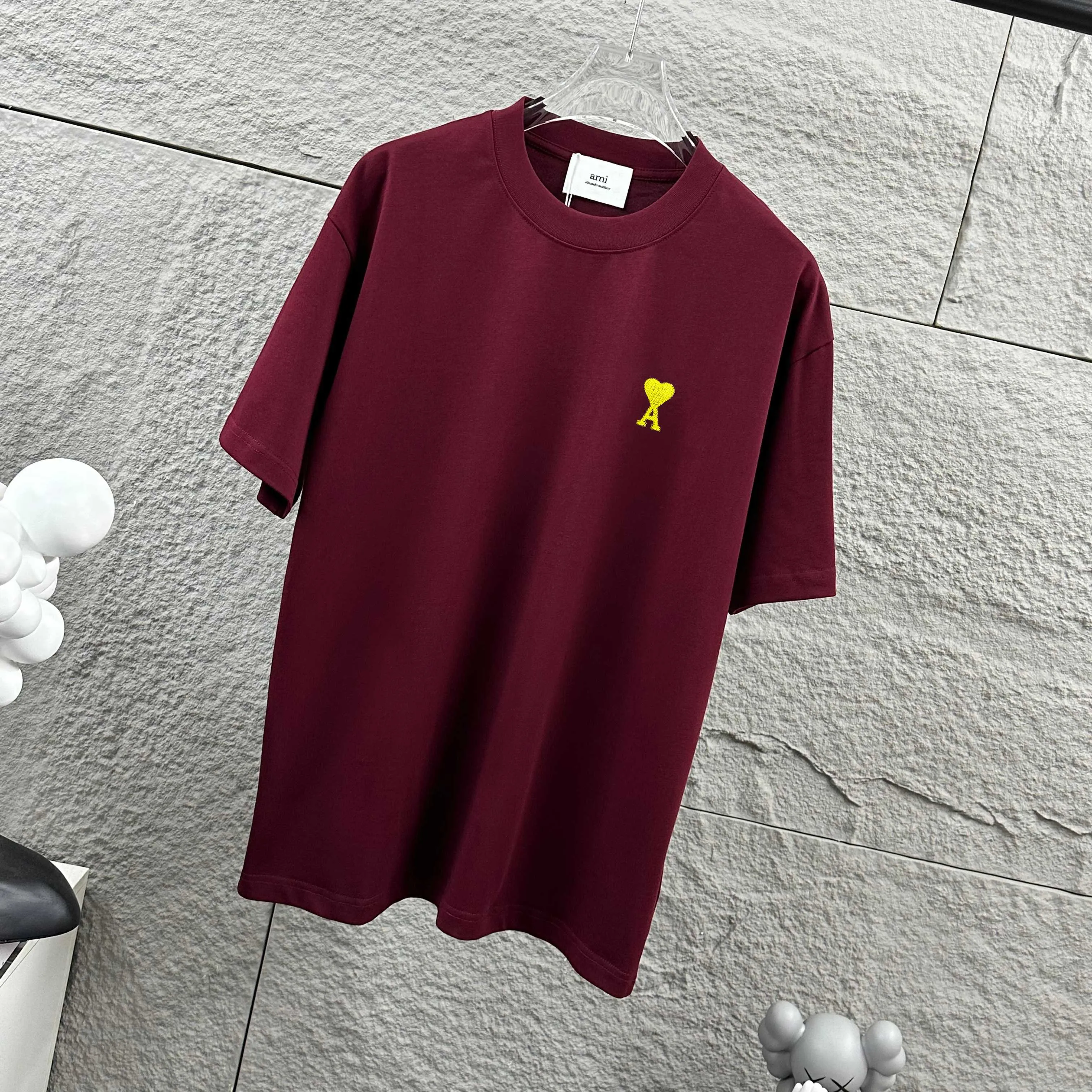 Ami Love 2026 Spring and Summer Style Classic simple three-dimensional embroidery small love personalized logo Customized double yarn plain cotton fabric Short-sleeved T-shirt Men and women Same Style Color: Black White Flower Gray Angola Red Size: S (90-130 pounds) M (120-150 pounds) L (140-165 pounds) XL (160-180 pounds) XXL (180-210 pounds)